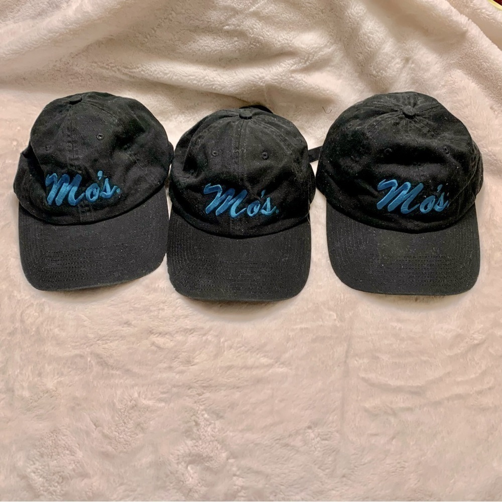 Set of 3 Ballcaps Unisex Hats Black w/ Teal Embroidered Text “Mo’s” Buckled Back